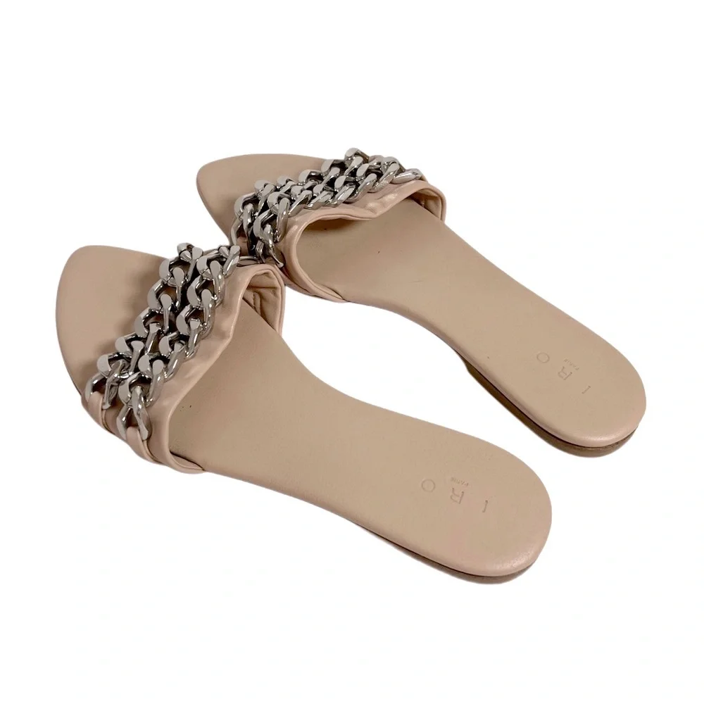 IRO Paris Genuine Leather Tan Beige Silver Chunky Chain Flat Mules Sandals 39 9